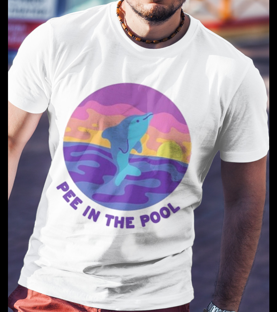 Pee In The Pool Dolphin Retro Sunset Ocean Scene T-Shirt