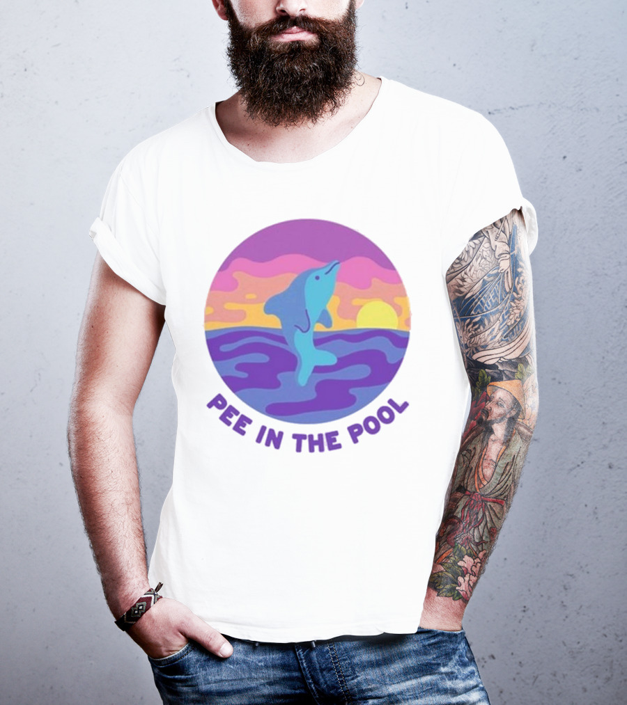Pee In The Pool Dolphin Retro Sunset Ocean Scene T-Shirt