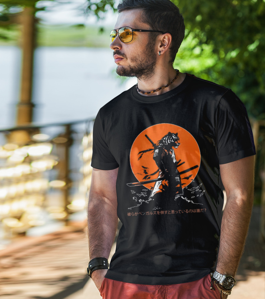 Katana Tiger Samurai With Japanese Text Orange Background T-Shirt