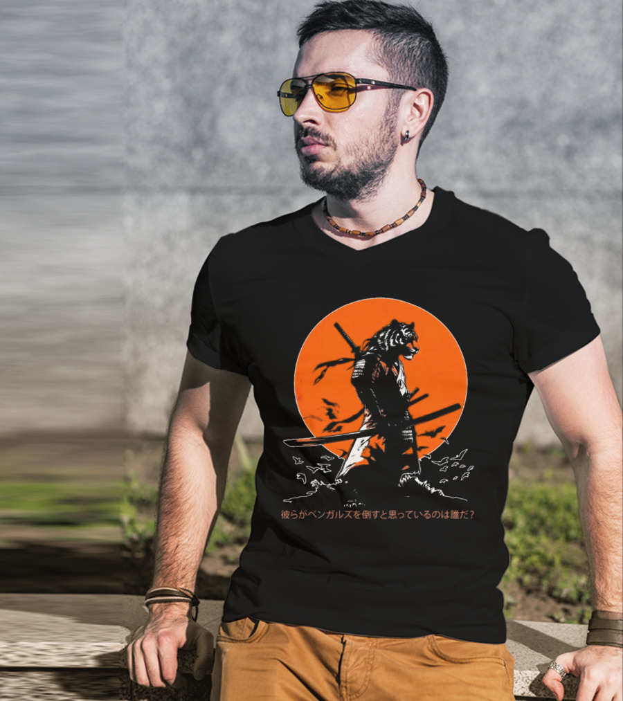 Katana Tiger Samurai With Japanese Text Orange Background T-Shirt