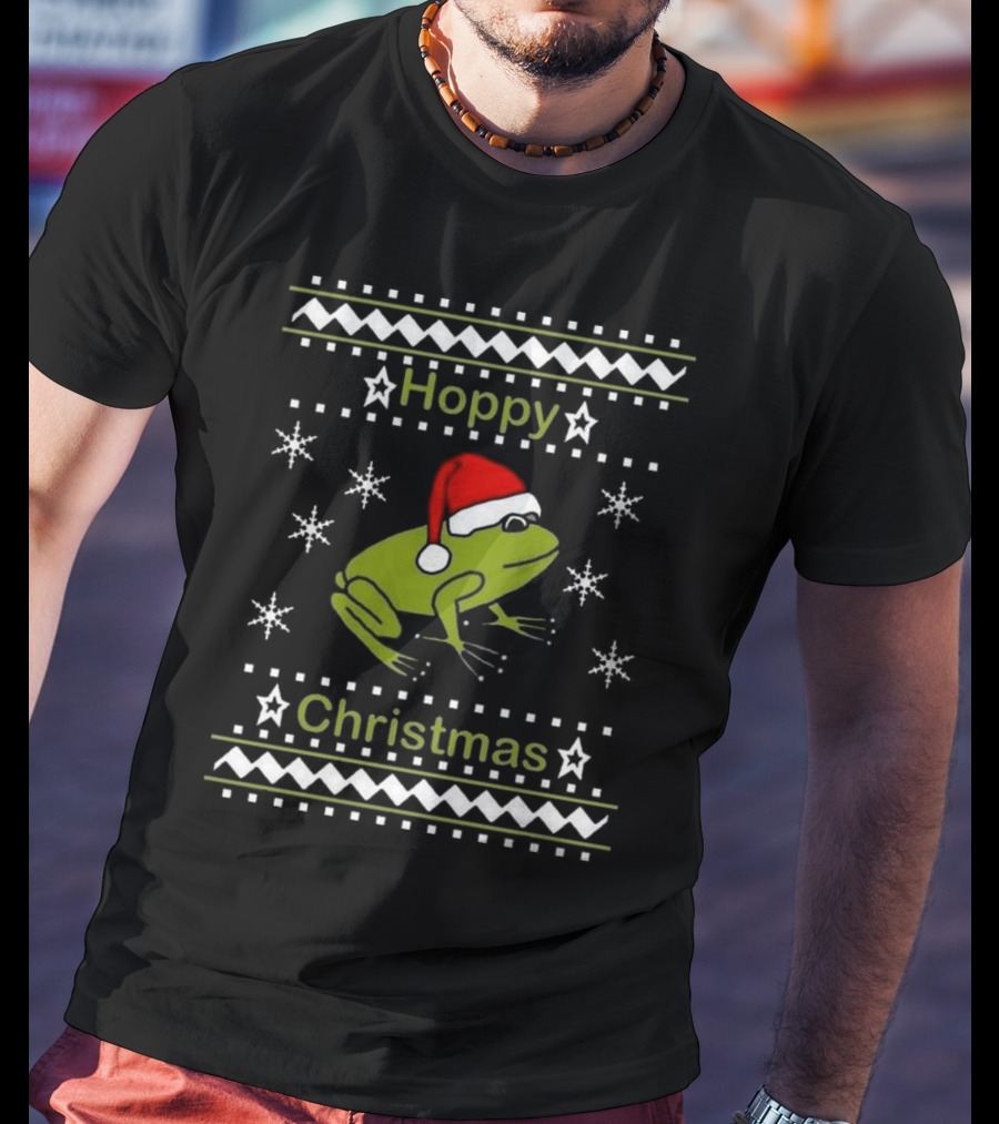 Hoppy Christmas Frog Wearing Santa Hat Surrounded By Snowflakes T-Shirt