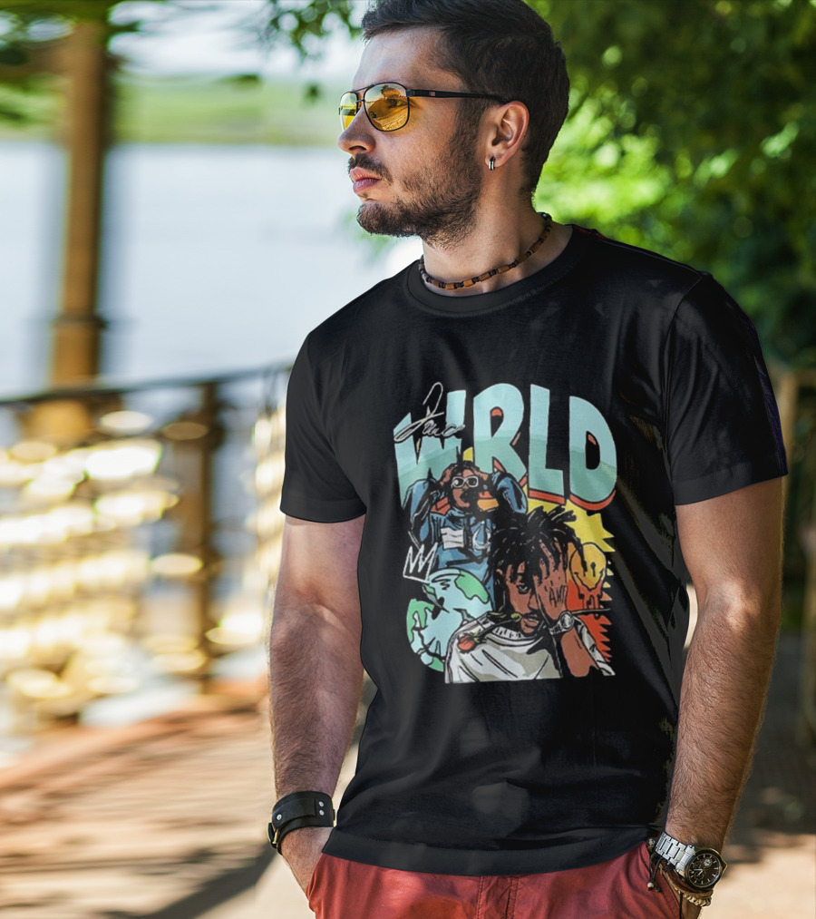 Juice WRLD Rapper Signature And Cartoon Globe With Crown T-Shirt