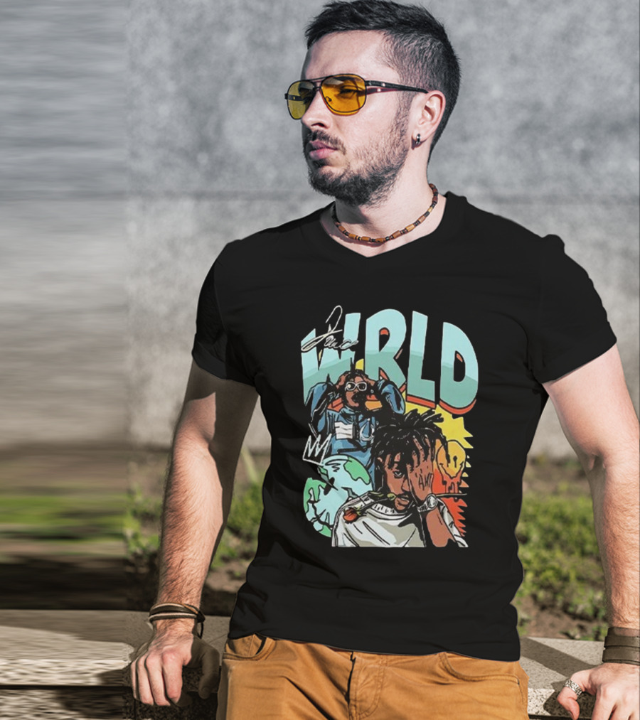 Juice WRLD Rapper Signature And Cartoon Globe With Crown T-Shirt