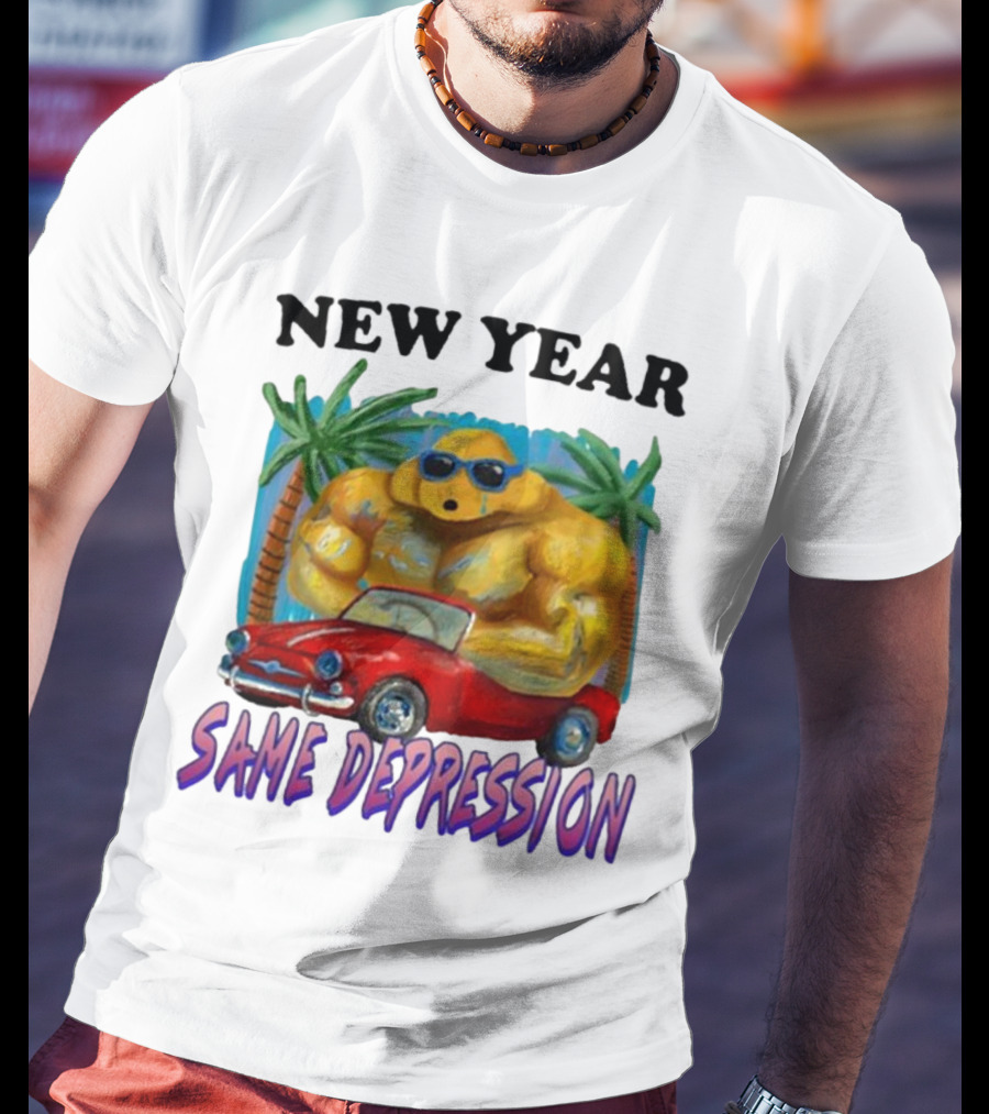 New Year Same Depression Buff Duck Red Convertible Palm Trees T-Shirt