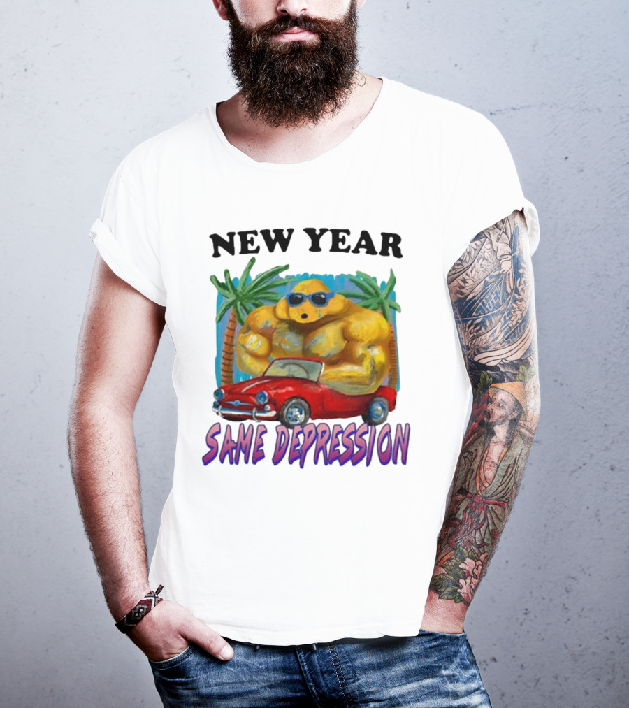 New Year Same Depression Buff Duck Red Convertible Palm Trees T-Shirt