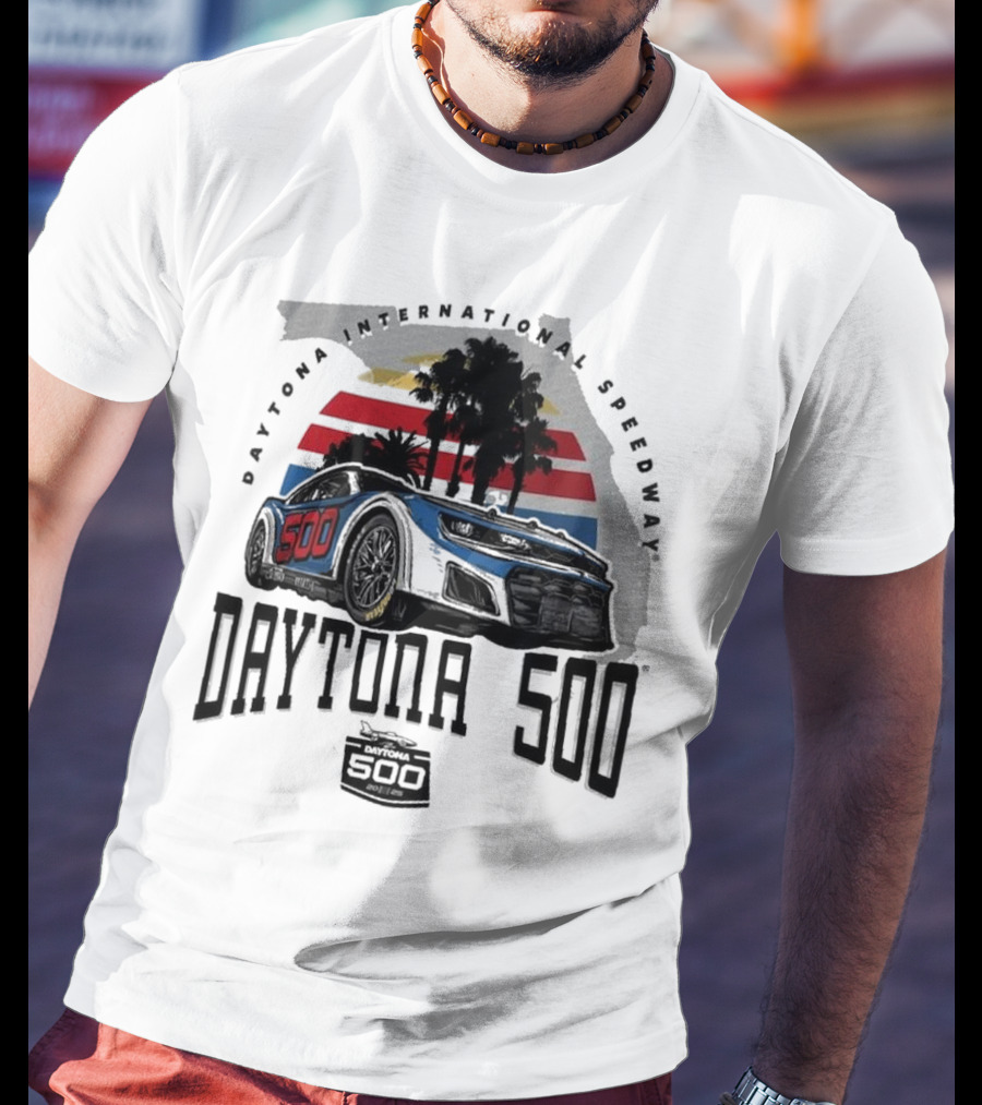 Daytona 500 Daytona International Speedway 2025 Racing Car Graphic With Palm Trees And Stripes T-Shirt