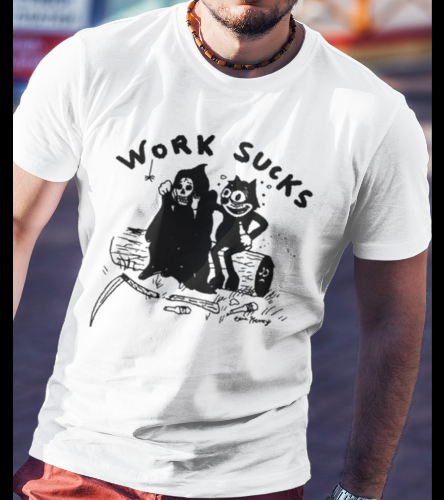 Heavyslime Work Sucks Grim Reaper And Cat Cartoon Comic Art By Eric Kenney T-Shirt