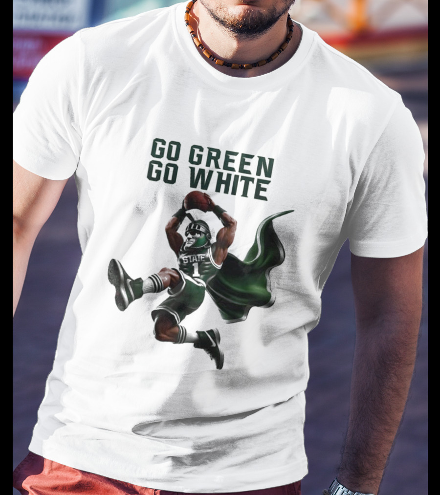NCAA Michigan State Spartans Go Green Go White 2025 Mascot Dunking Basketball Player T-Shirt