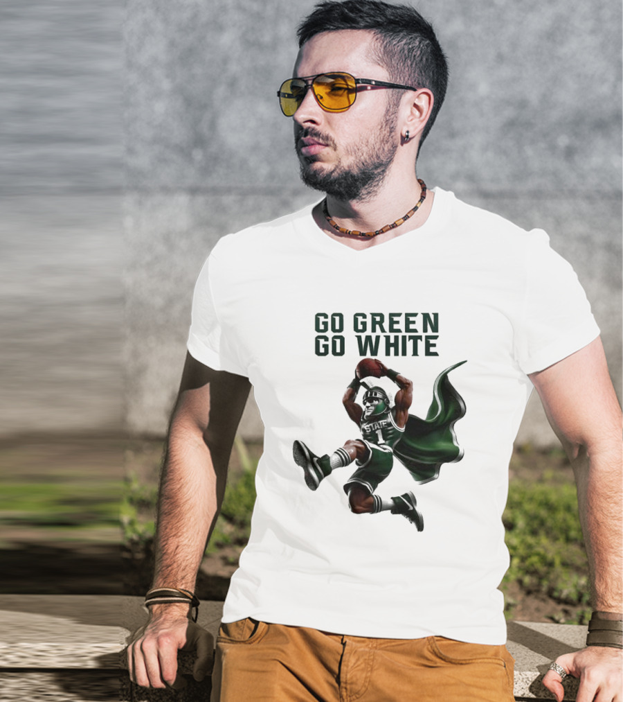 NCAA Michigan State Spartans Go Green Go White 2025 Mascot Dunking Basketball Player T-Shirt