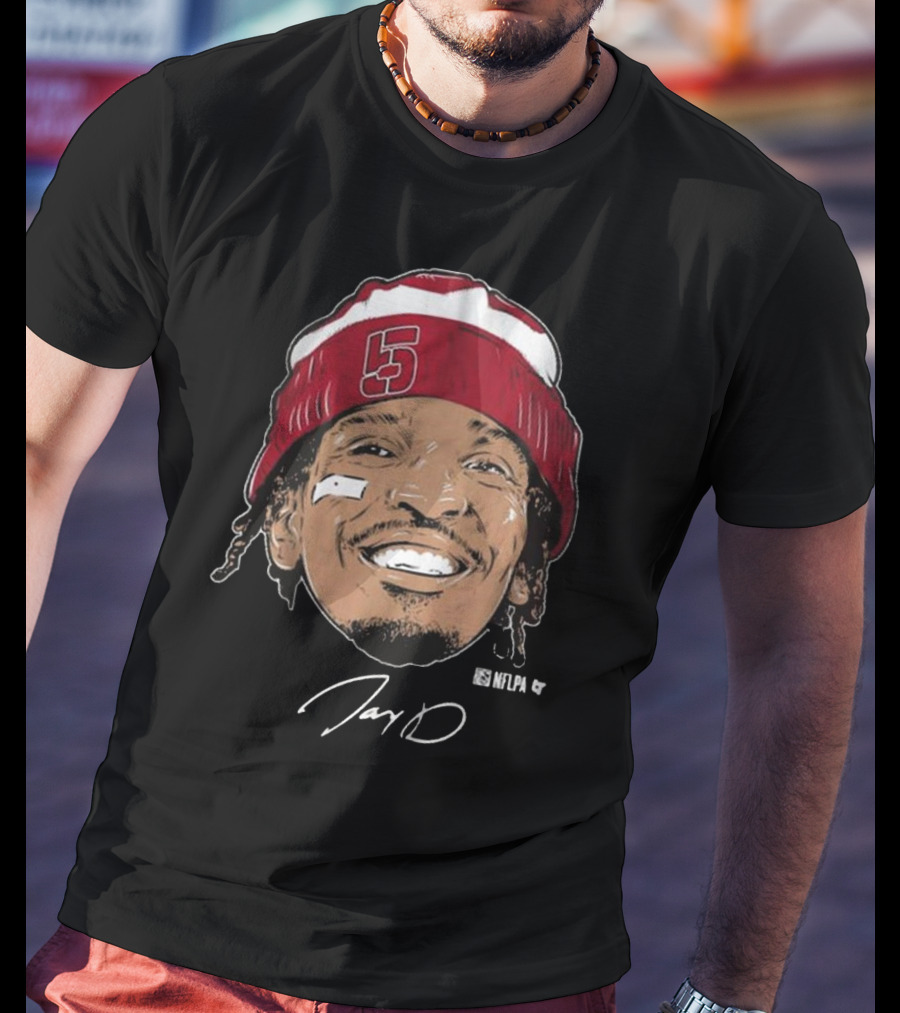 Jayden Daniels Face Bandage Signature NFLPA Number 5 Beanie T-Shirt