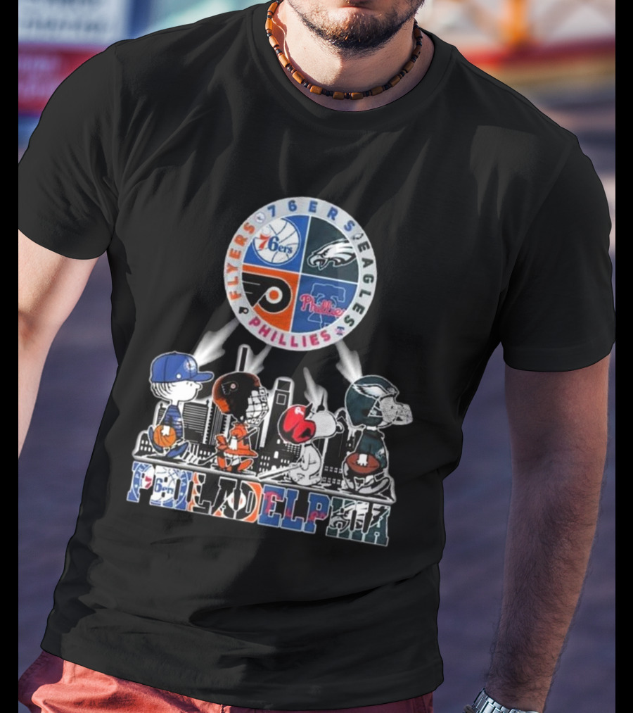 Peanuts Characters In Philadelphia Flyers 76ers Eagles Phillies Sports Mashup T-Shirt
