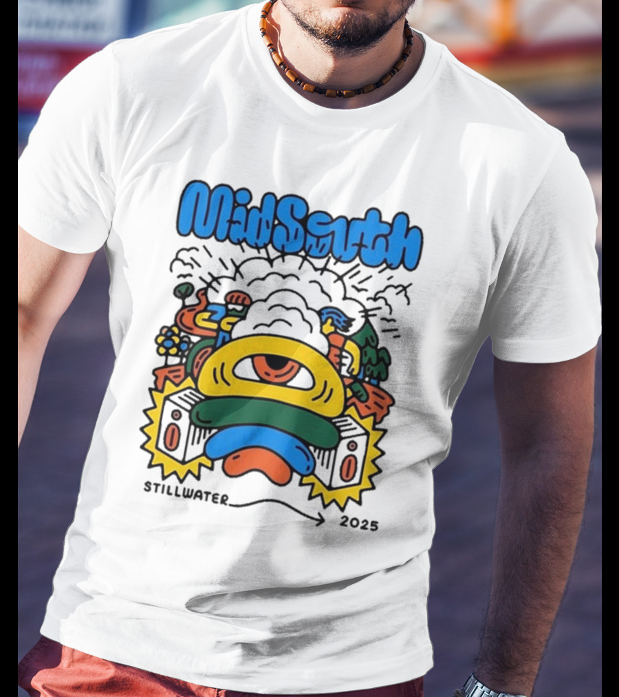 Mid South Stillwater 2025 Event Colorful Funky Cartoon Explosion T-Shirt