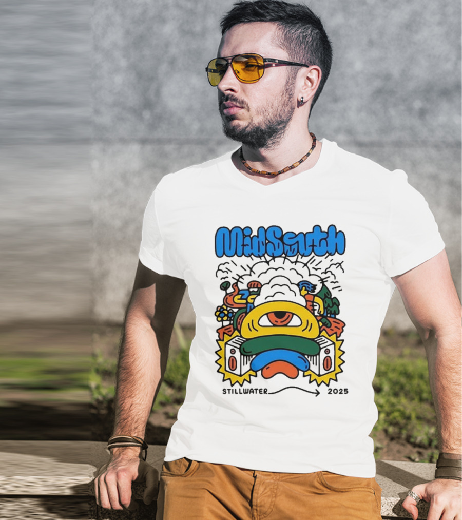 Mid South Stillwater 2025 Event Colorful Funky Cartoon Explosion T-Shirt