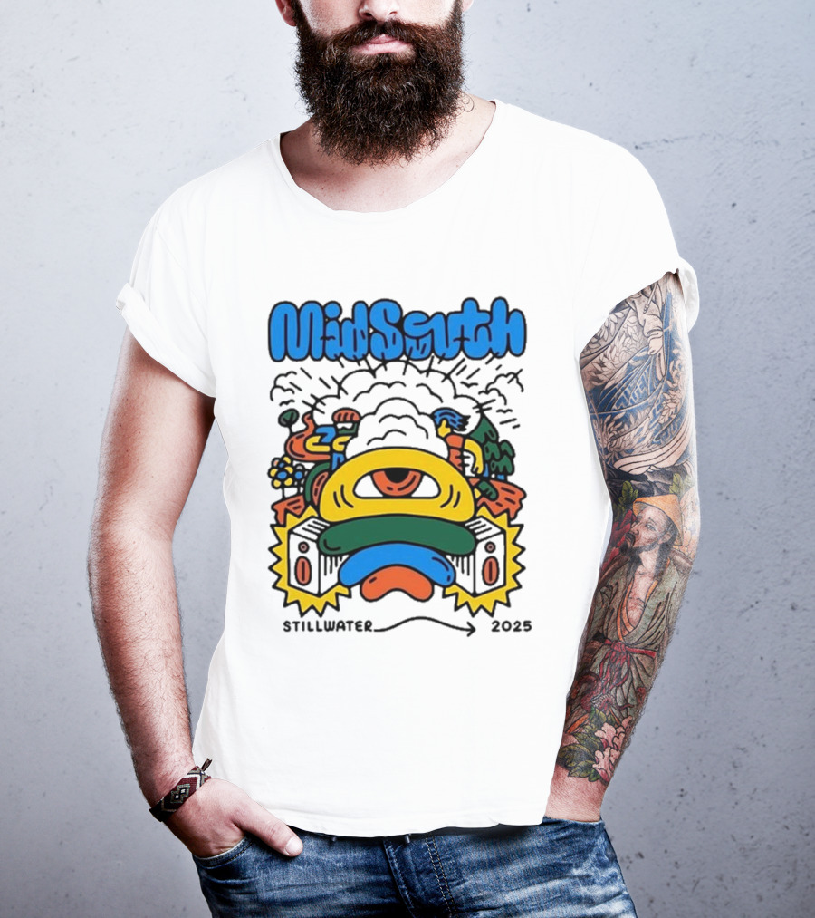 Mid South Stillwater 2025 Event Colorful Funky Cartoon Explosion T-Shirt