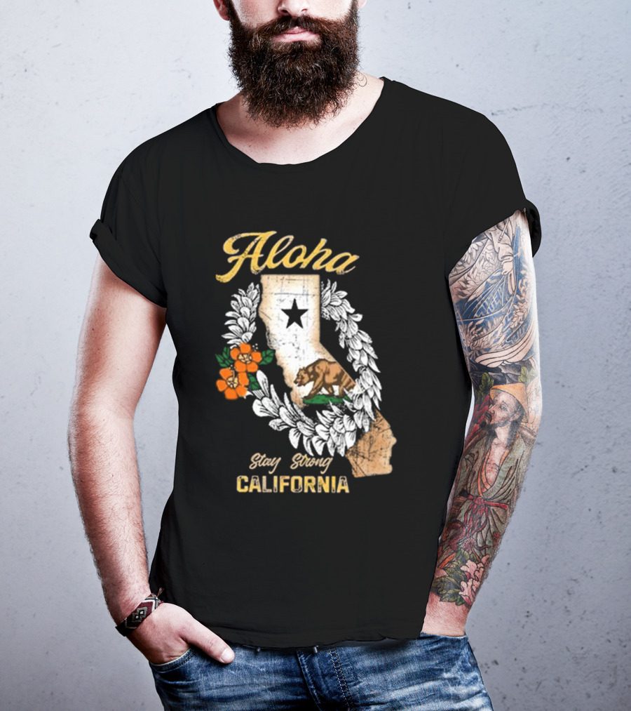 Aloha Stay Strong California Bear Star Map And Flower Garland T-Shirt