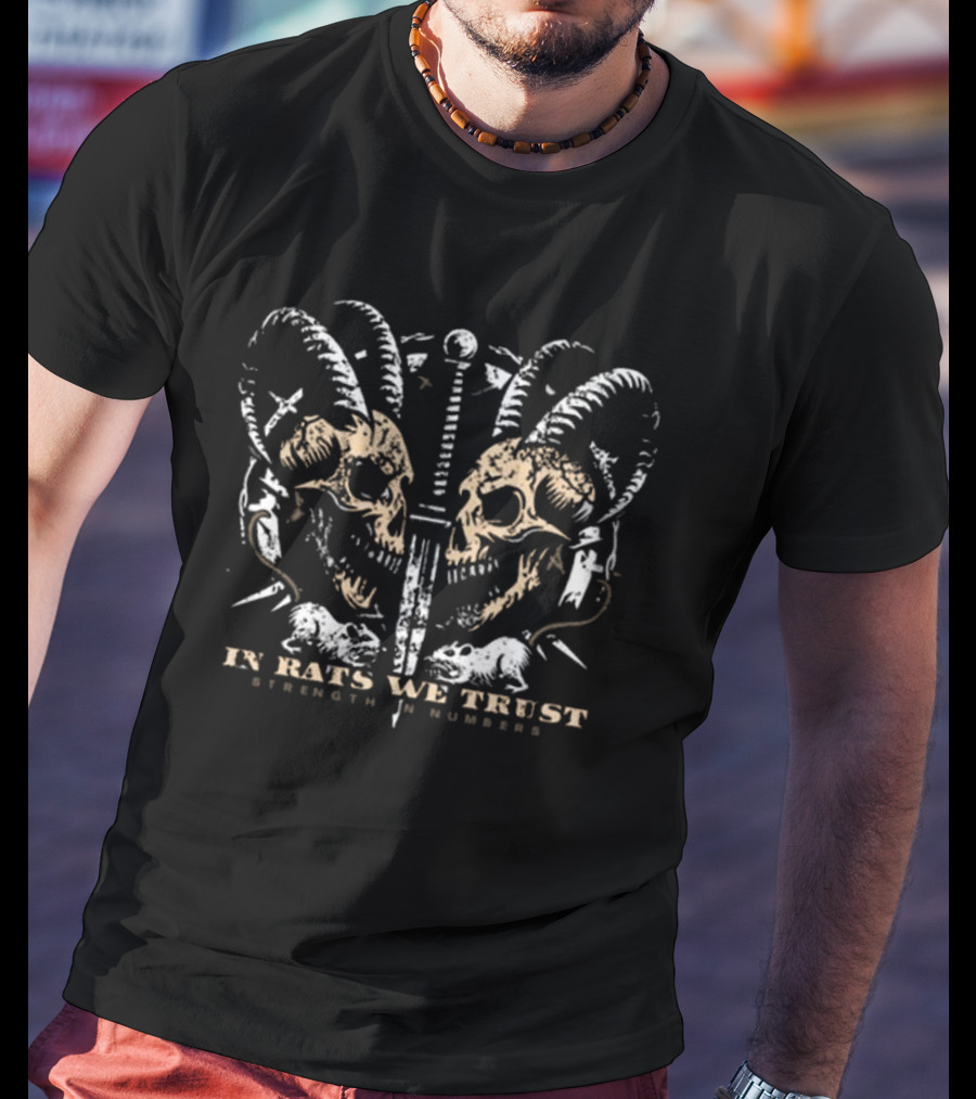 In Rats We Trust Strength In Numbers Gemini Rat Club Skulls With Swords And Horns T-Shirt
