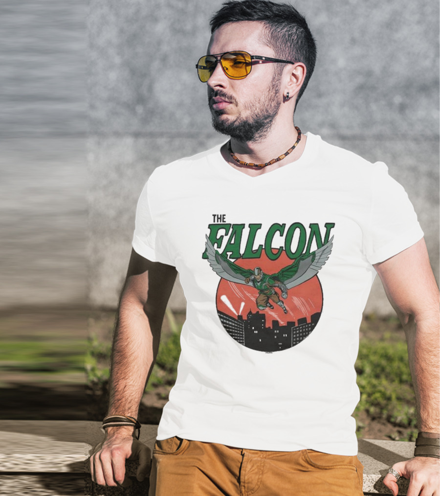 The Falcon Soaring Over City Skyline In Action-Packed Comic T-Shirt