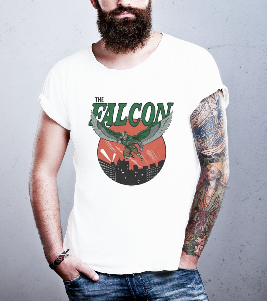 The Falcon Soaring Over City Skyline In Action-Packed Comic T-Shirt