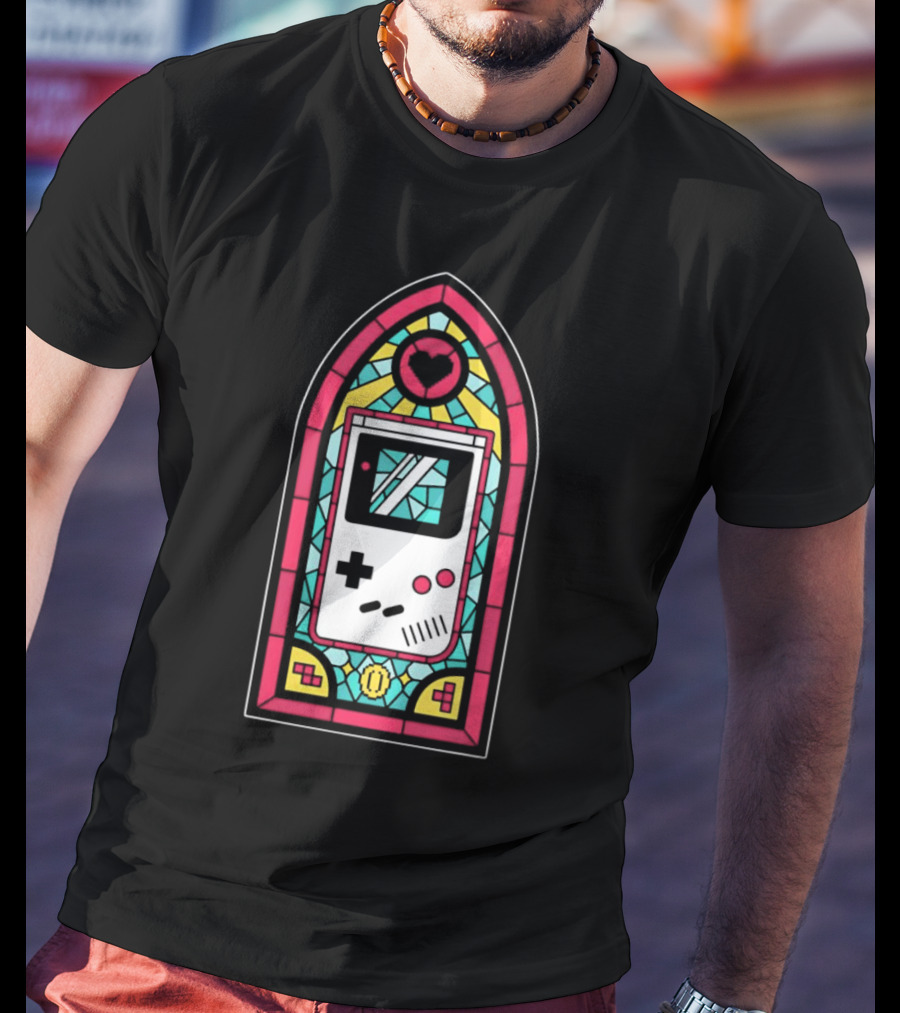 Game Boy 8-Bit Stained Glass Heart Coin Pixel Art Window T-Shirt