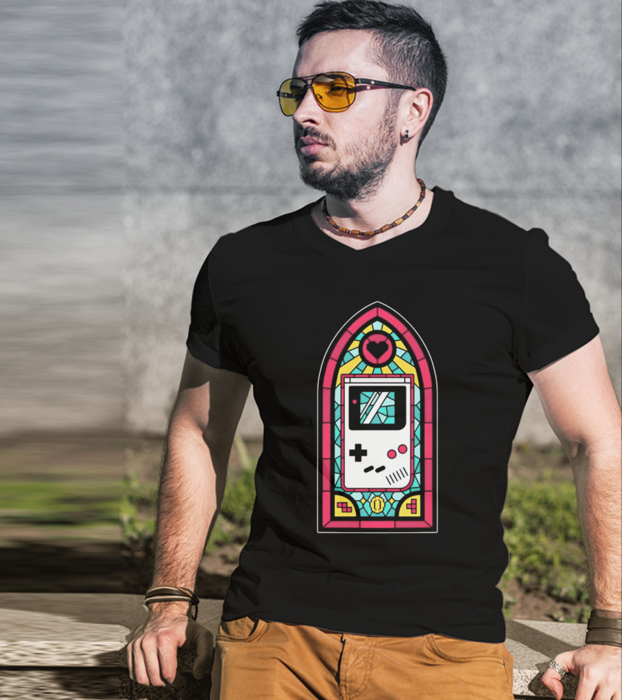 Game Boy 8-Bit Stained Glass Heart Coin Pixel Art Window T-Shirt