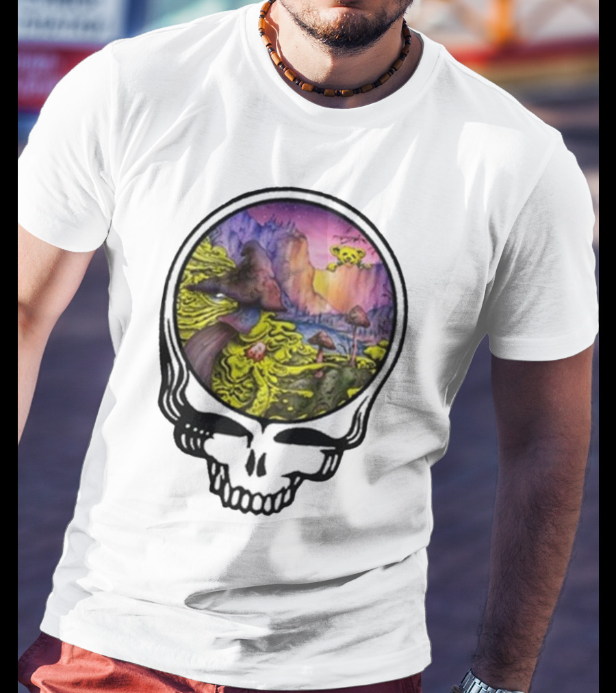 Grateful Dead Skull With Psychedelic Landscape And Mushrooms T-Shirt