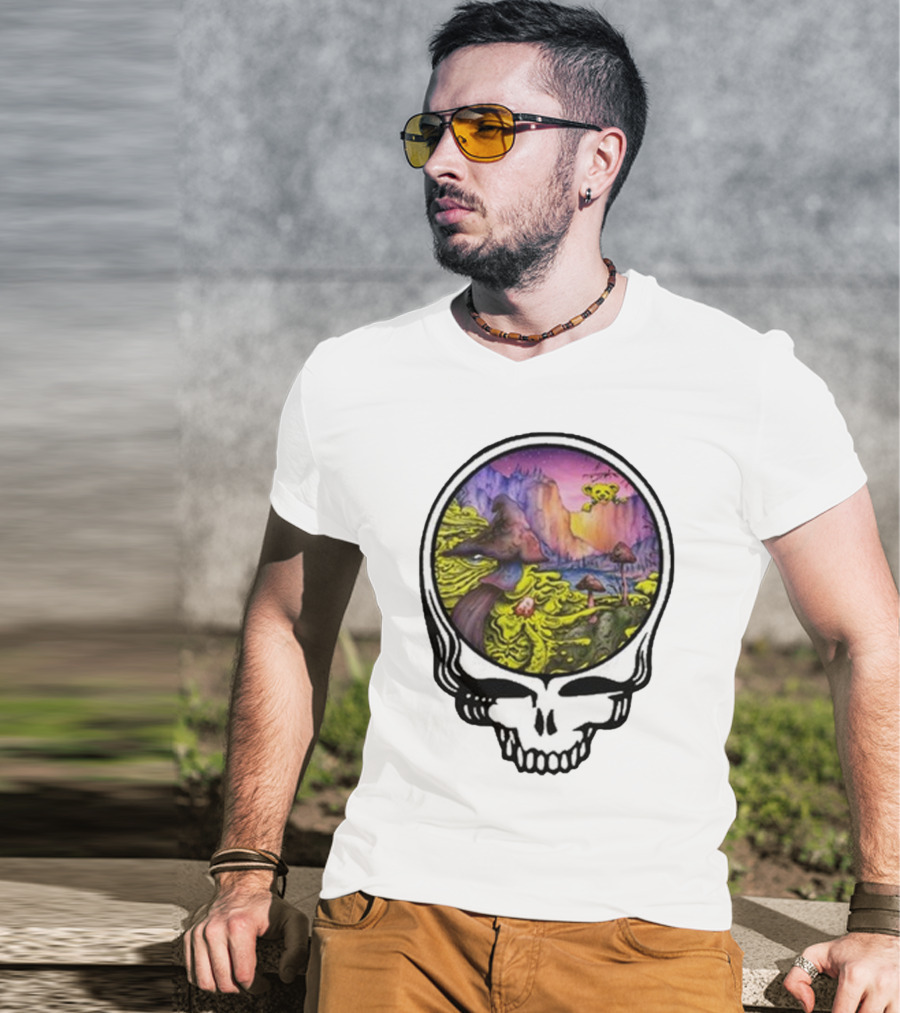 Grateful Dead Skull With Psychedelic Landscape And Mushrooms T-Shirt