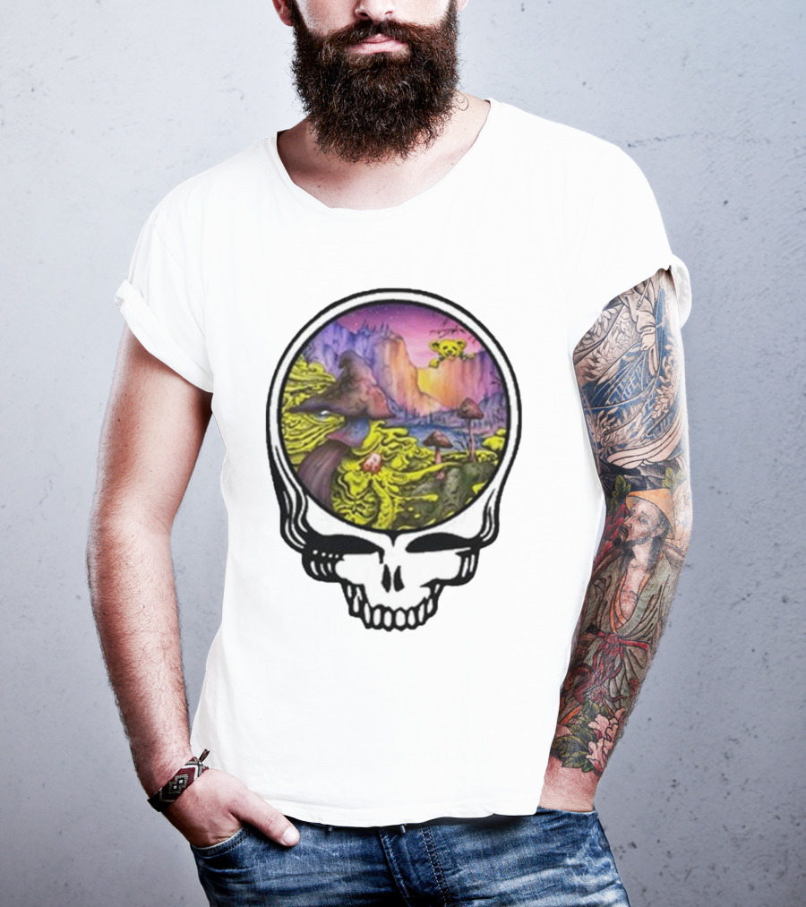 Grateful Dead Skull With Psychedelic Landscape And Mushrooms T-Shirt