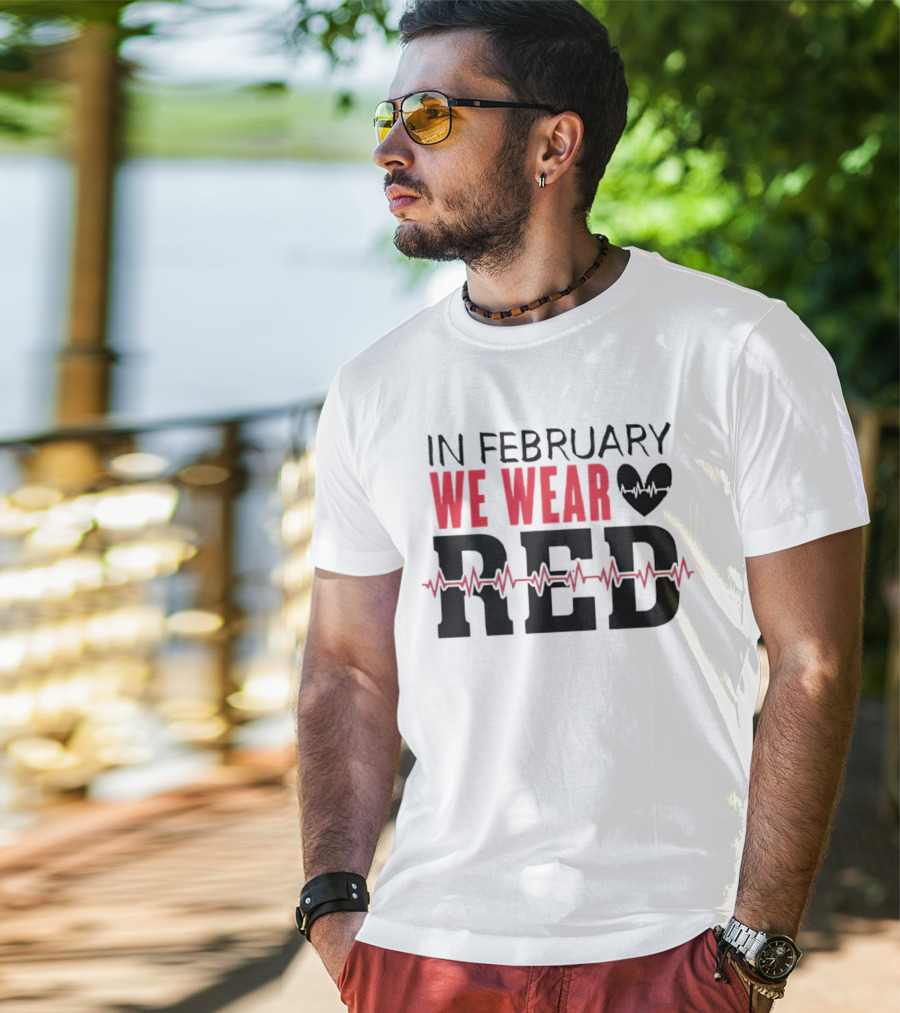 In February We Wear Red Heartbeat Motif T-Shirt