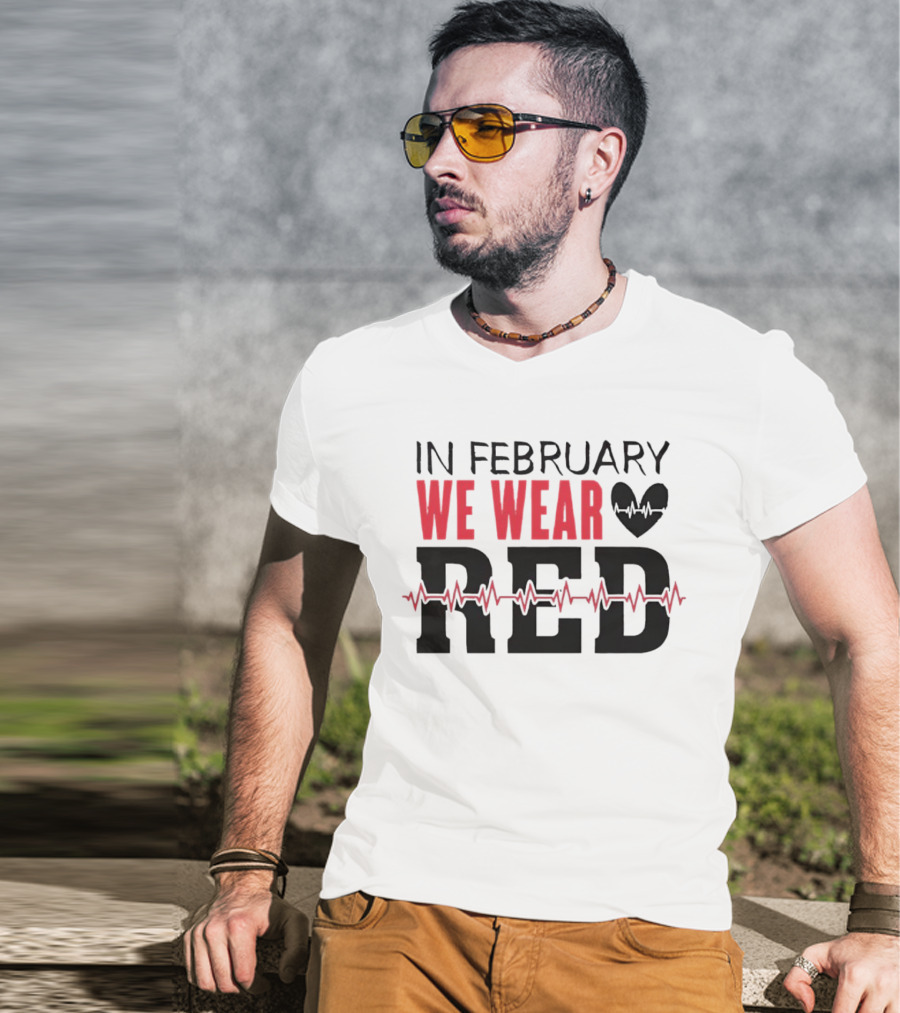 In February We Wear Red Heartbeat Motif T-Shirt