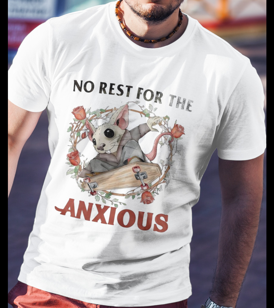 No Rest For The Anxious Rat In A Suit With Roses And Skateboard Coffin T-Shirt