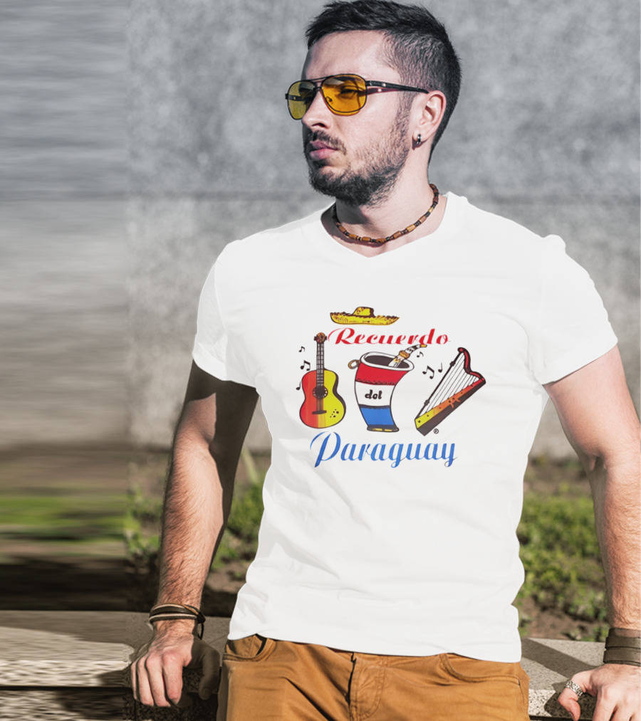 Recuerdo Del Paraguay Sombrero Guitar Mate Harp Music Notes T-Shirt