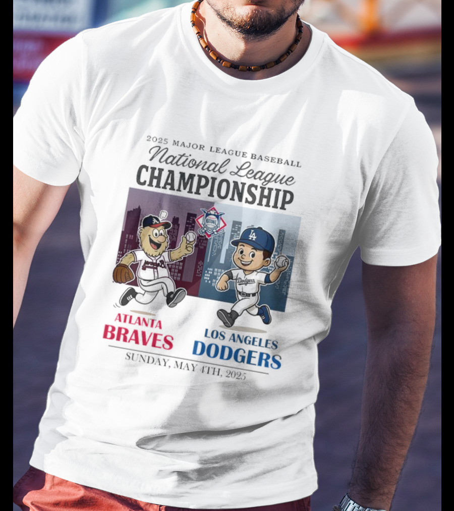 Atlanta Braves Los Angeles Dodgers National League 2025 Major League Baseball Skyline Cartoon Characters T-Shirt