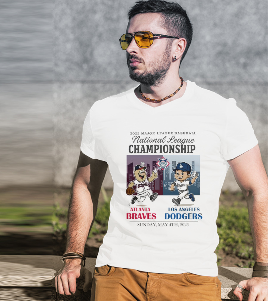 Atlanta Braves Los Angeles Dodgers National League 2025 Major League Baseball Skyline Cartoon Characters T-Shirt