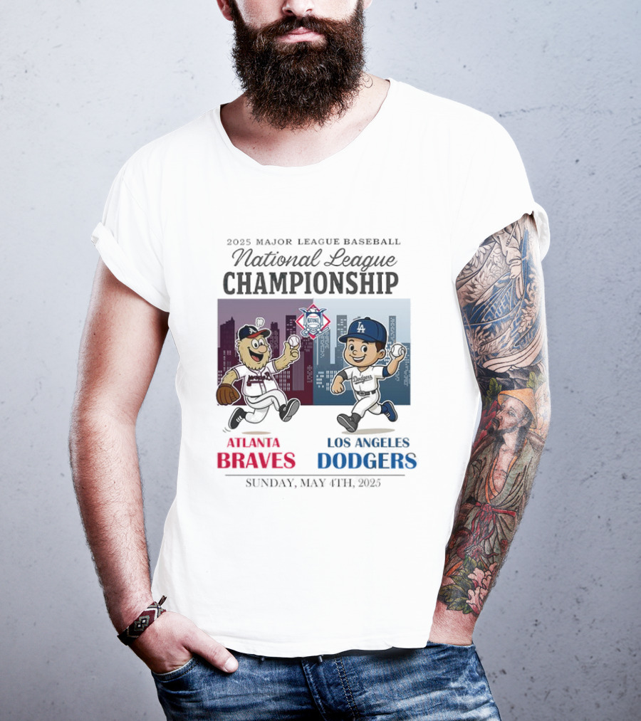 Atlanta Braves Los Angeles Dodgers National League 2025 Major League Baseball Skyline Cartoon Characters T-Shirt