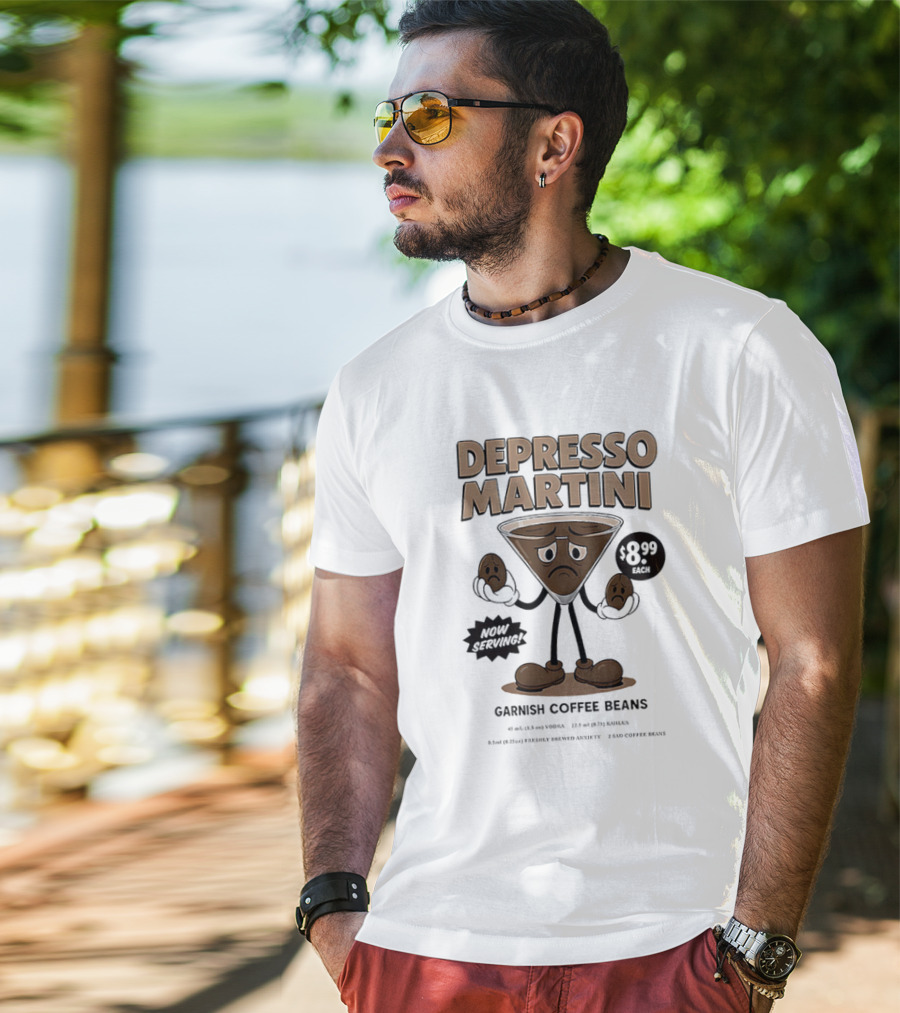 Depresso Martini Garnish Coffee Beans Cartoon Sad Face T-Shirt