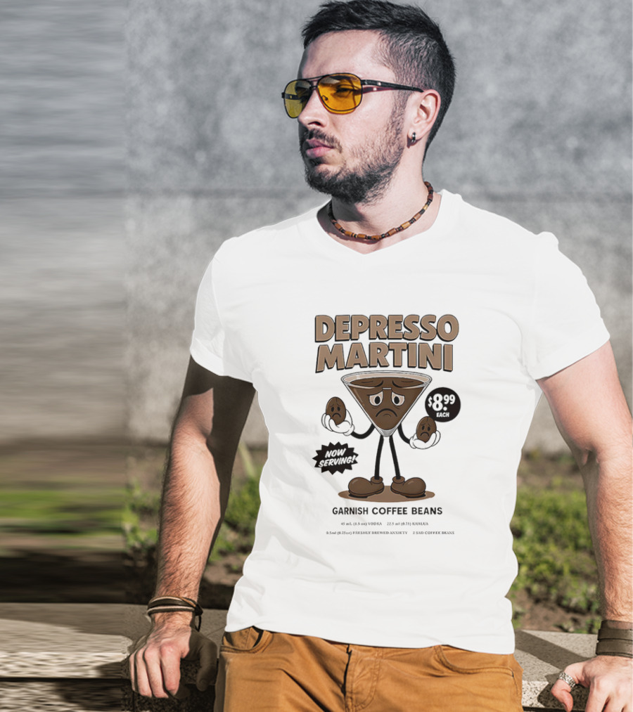 Depresso Martini Garnish Coffee Beans Cartoon Sad Face T-Shirt