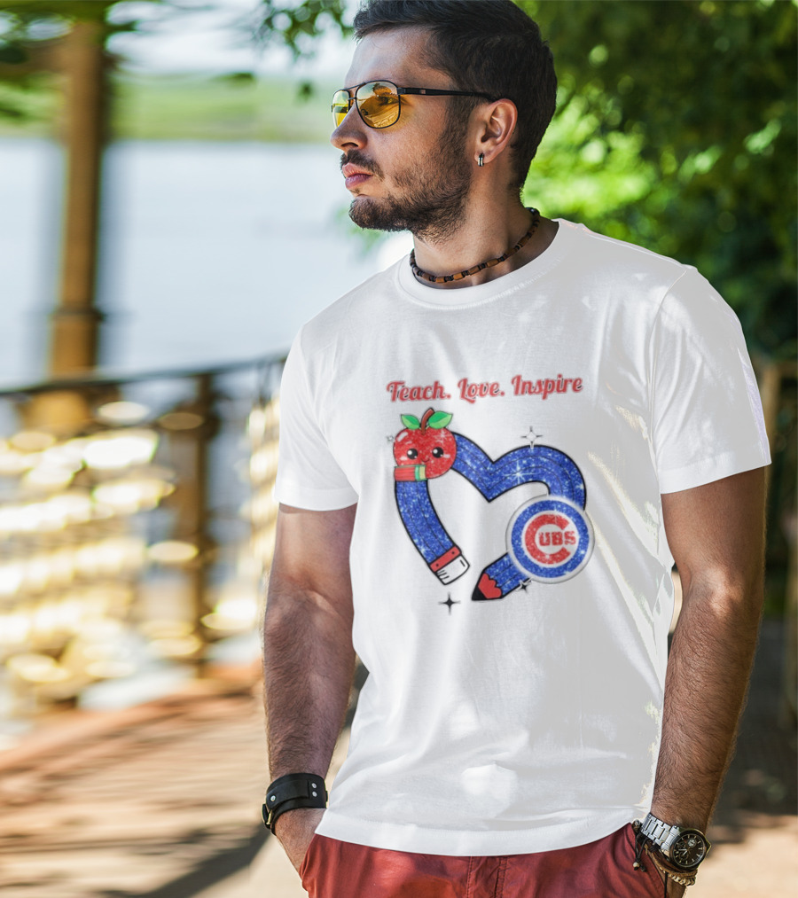 Chicago Cubs Teach Love Inspire Apple Pencil Heart T-Shirt