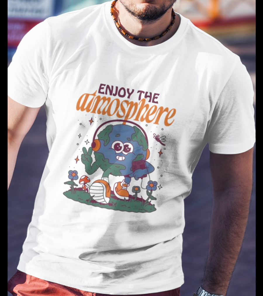 Enjoy The Atmosphere Planet Earth Headphones Peace Flowers T-Shirt