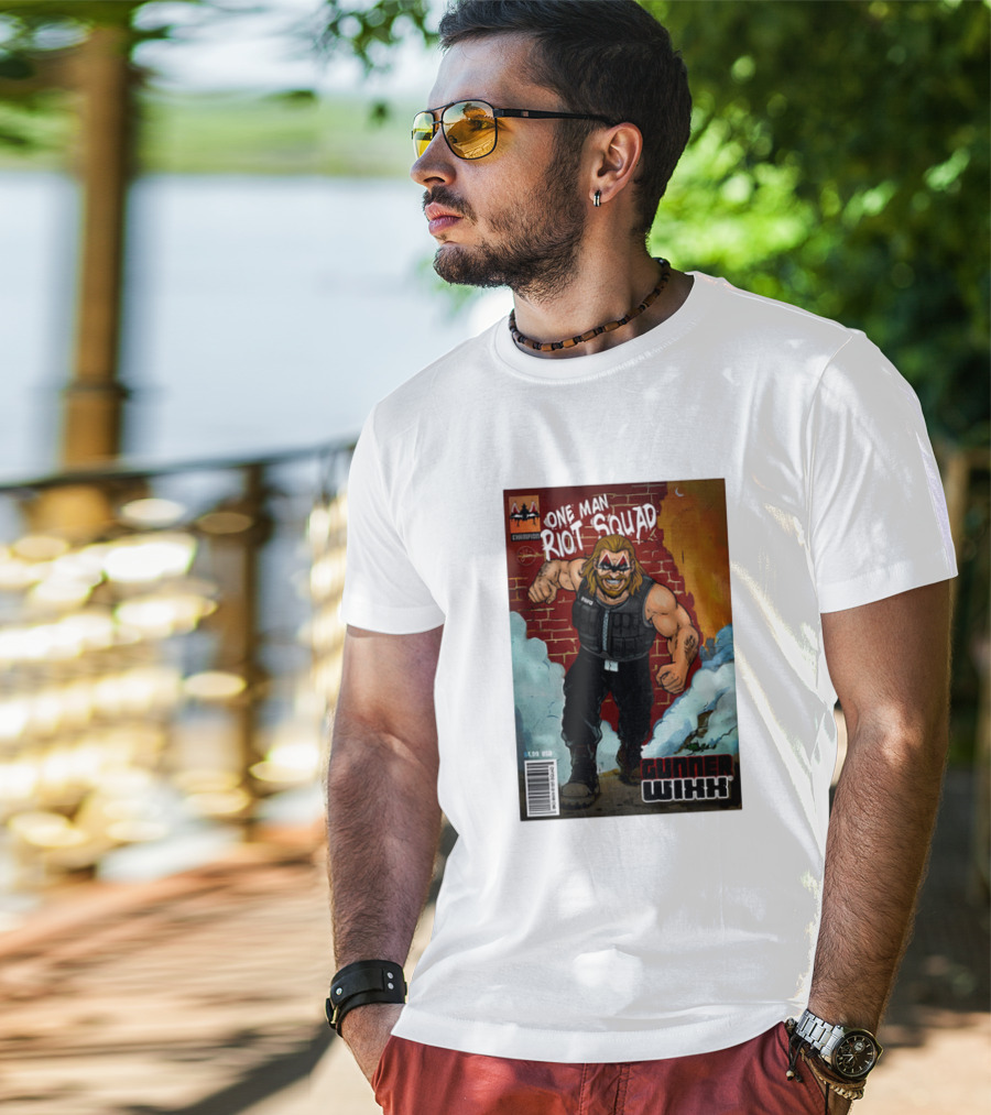 One Man Riot Squad Comic Cover Gunner Wixx Face Paint Featuring Champion Branding T-Shirt