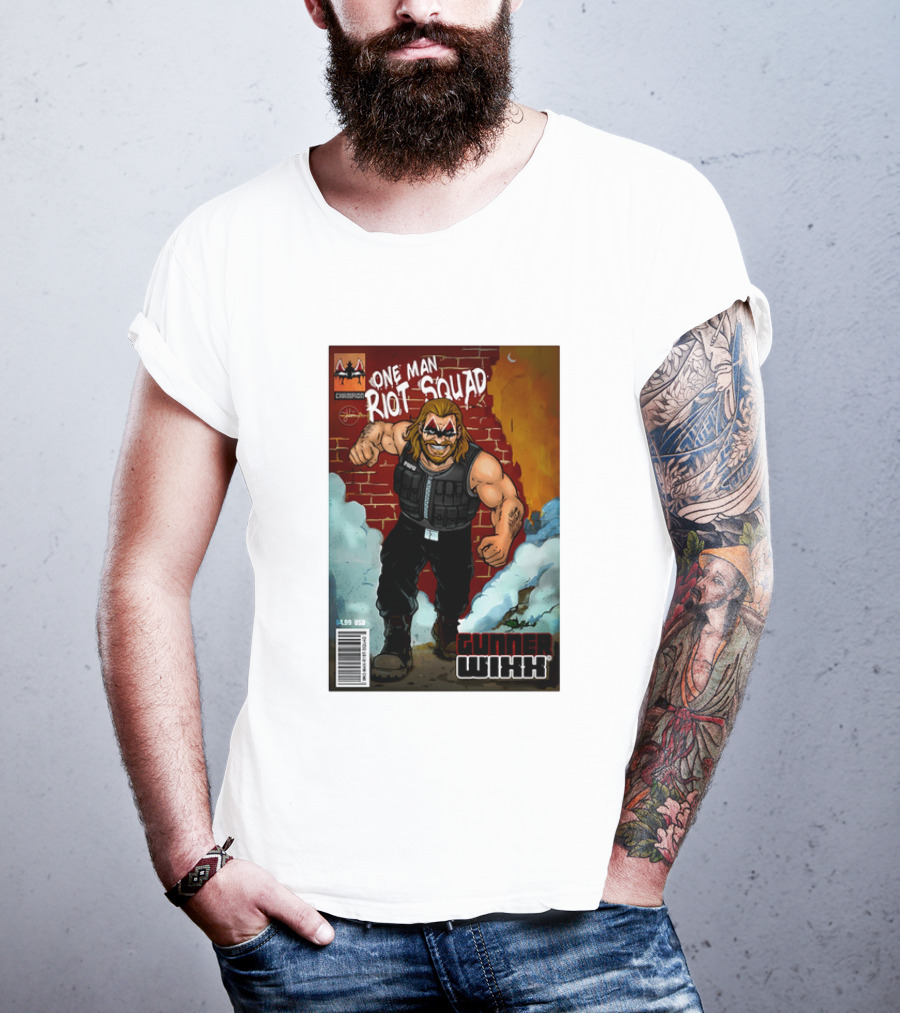 One Man Riot Squad Comic Cover Gunner Wixx Face Paint Featuring Champion Branding T-Shirt