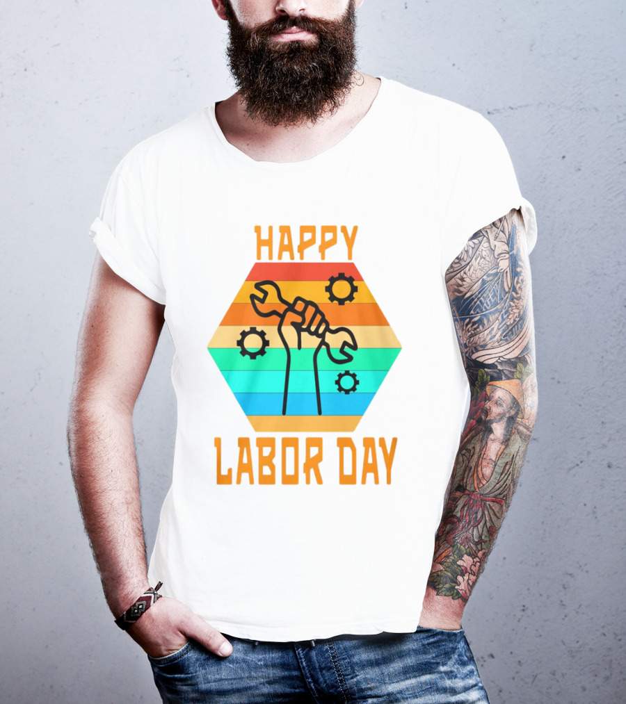 Colorful Wrench Fist Gear Happy Labor Day T-Shirt