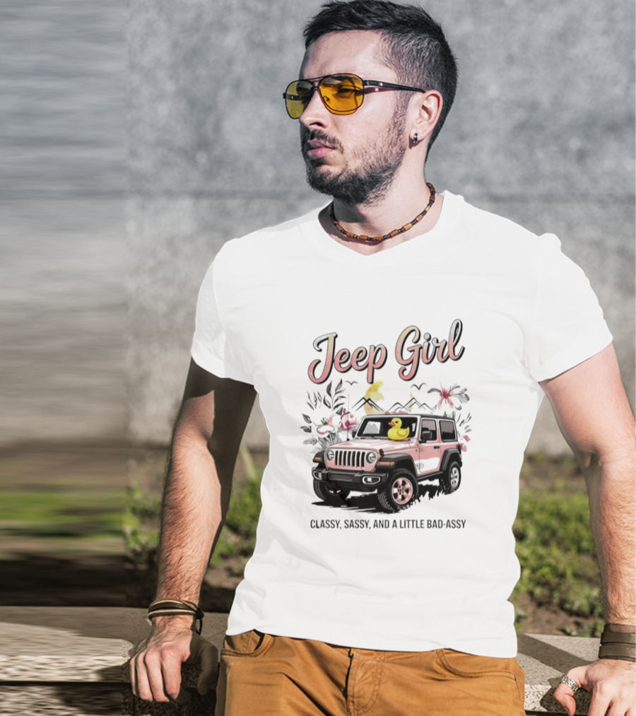 Jeep Girl Classy Sassy And Little Bad-Assy Pink Jeep Rubber Duck Floral Bunnies T-Shirt