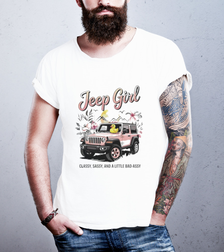 Jeep Girl Classy Sassy And Little Bad-Assy Pink Jeep Rubber Duck Floral Bunnies T-Shirt