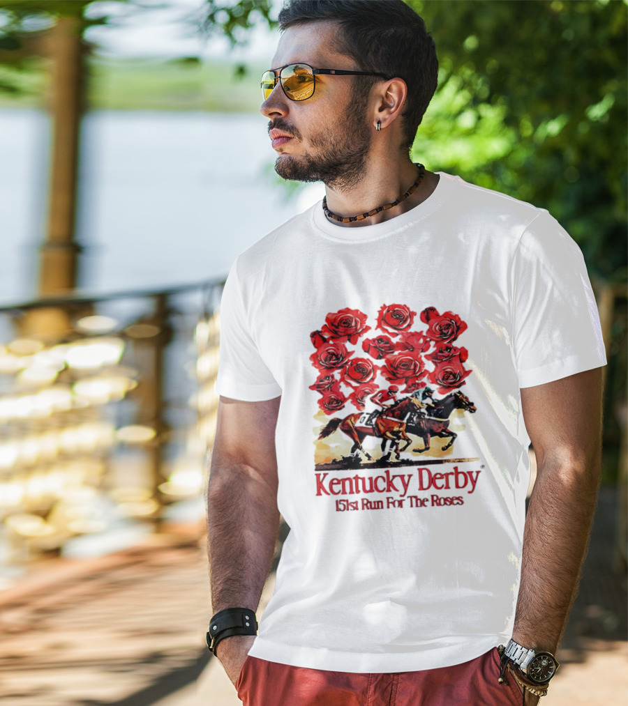 Kentucky Derby 151st Run For The Roses With Horses And Red Roses T-Shirt