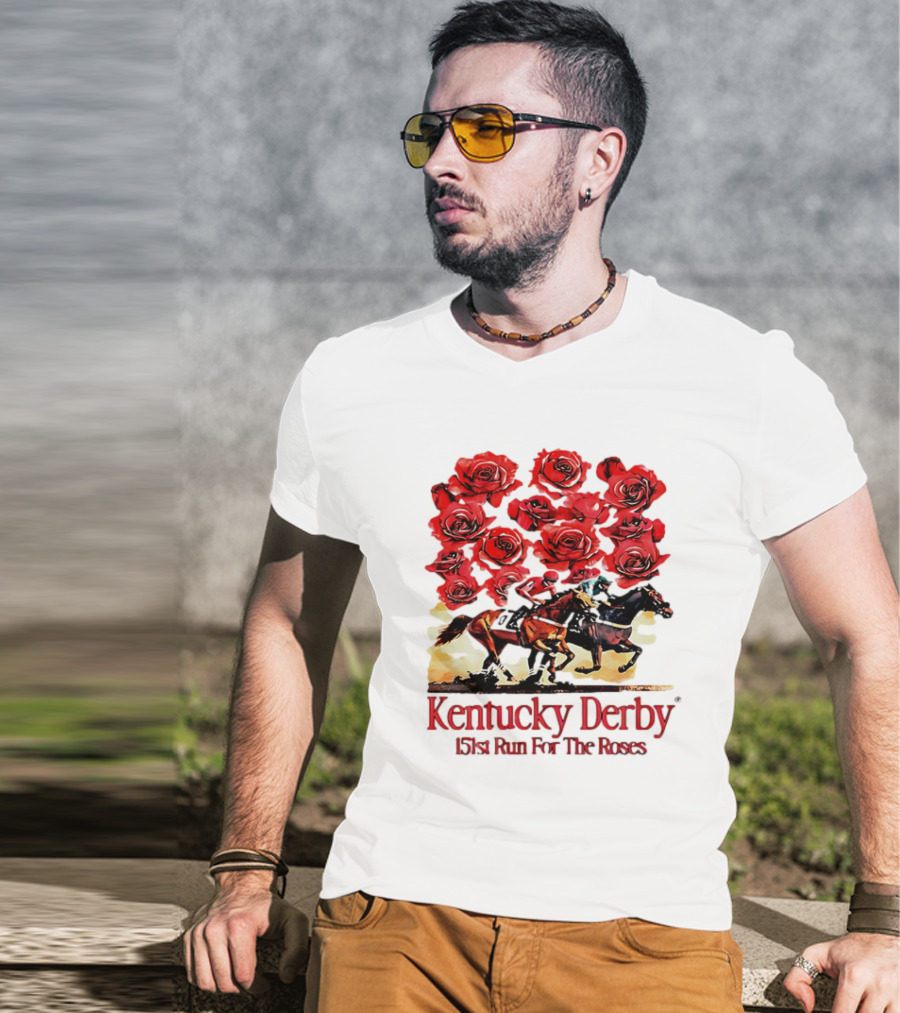 Kentucky Derby 151st Run For The Roses With Horses And Red Roses T-Shirt