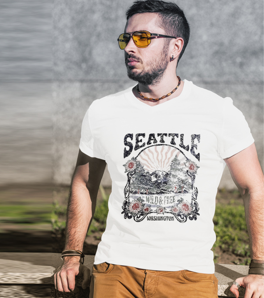 Seattle Washington Wild And Free Sunrise Trees Flowers T-Shirt