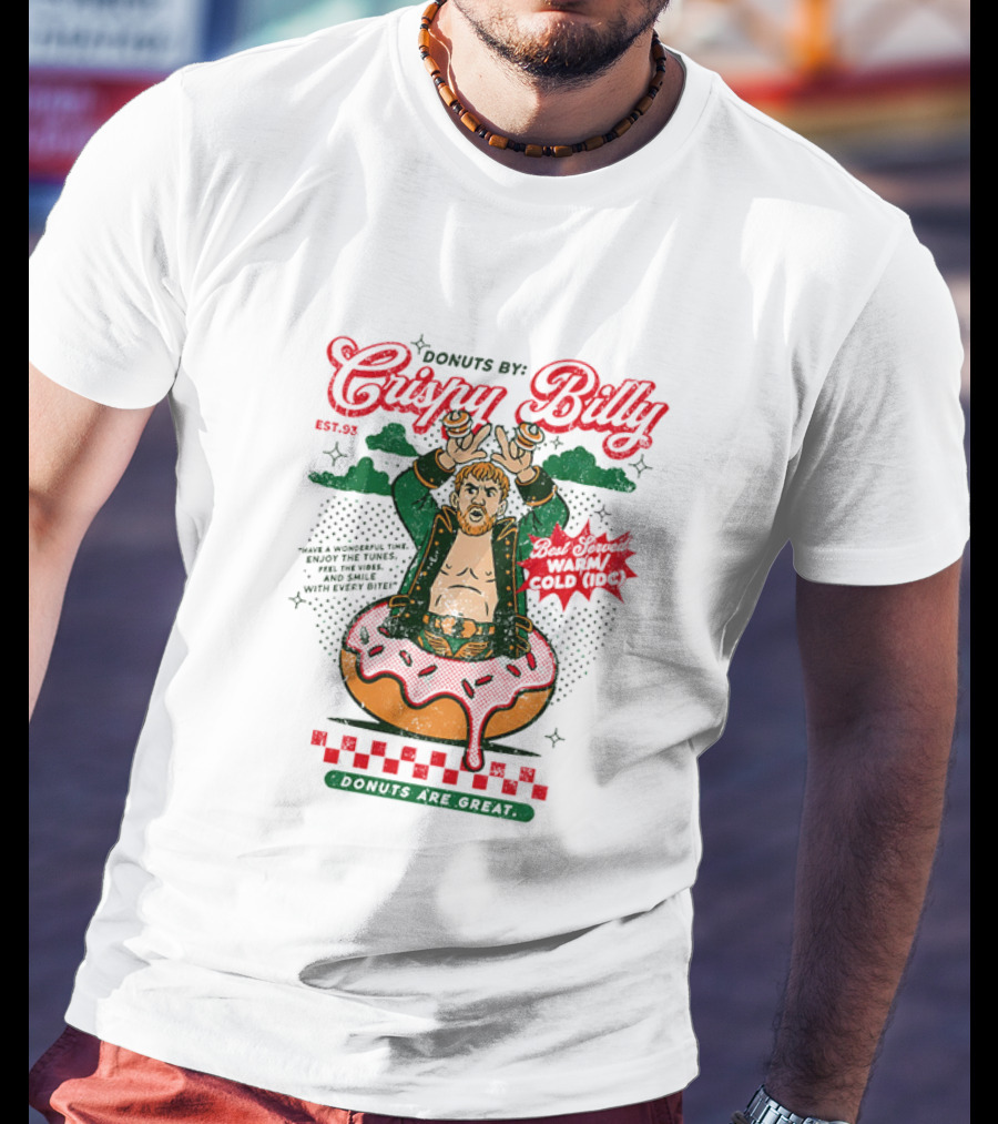 Donuts By Crispy Billy Est. 93 Warm And Delicious Retro Cartoon Wrestler T-Shirt