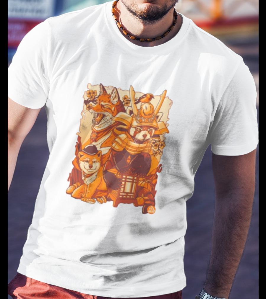 Tenhun Orange Fuzz Fox And Samurai Red Panda With Lantern T-Shirt