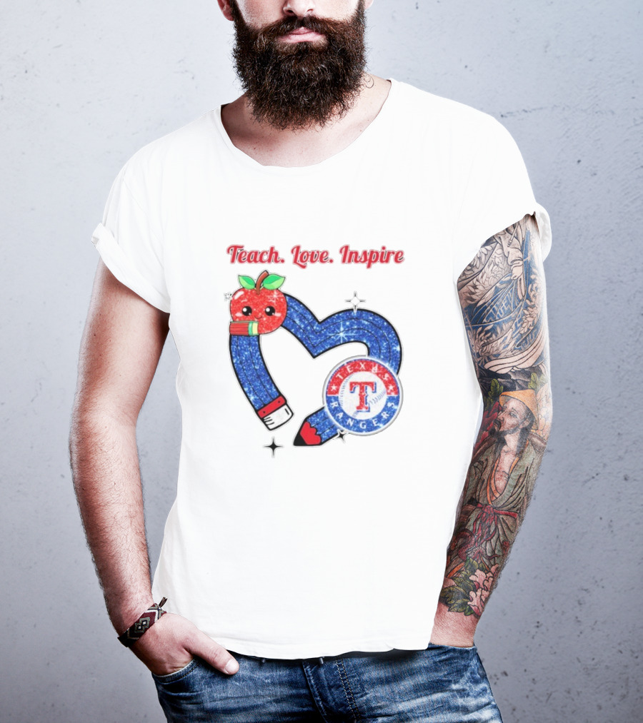 Texas Rangers Sparkling Heart Apple Pencil Teach Love Inspire T-Shirt