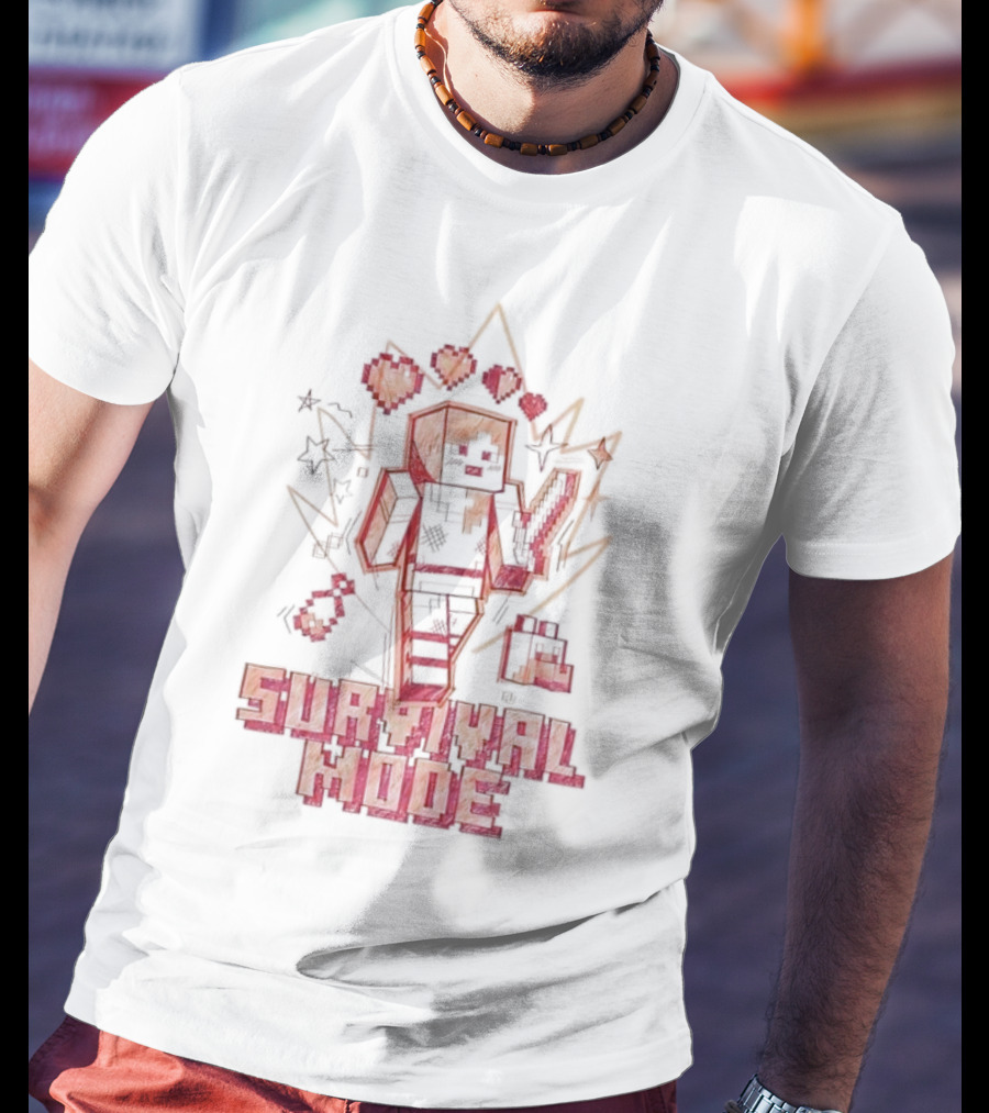 Survival Mode Game Pixel Art Character With Hearts And Tools T-Shirt